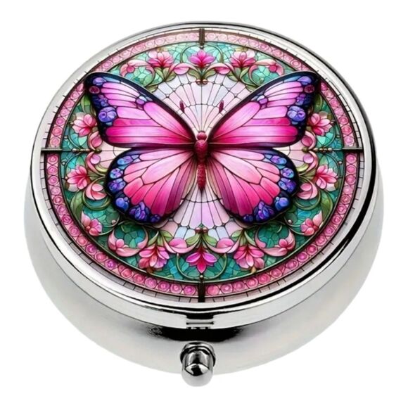Pink Butterfly Pill Box Medicine Mini Stainless Steel Case Mirrored Travel Purse - Picture 6 of 6